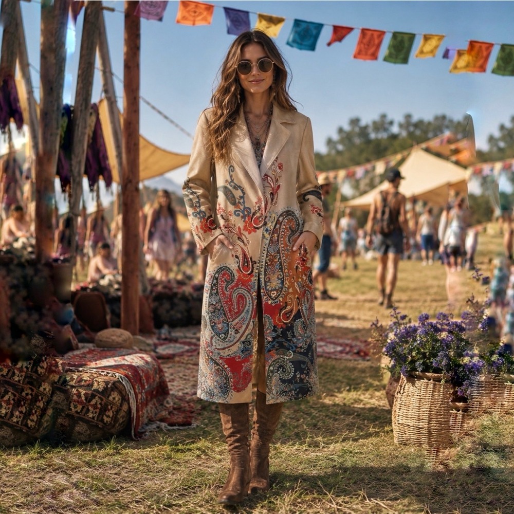 Chico's Paisley Print Faux Suede Topper Coat Rattan‎ Tan Multi Size 3/XL NEW